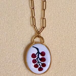 Pretty Cherry Tomato Vine Enamel Pendant On Gold Plated PaperClip Chain Necklace